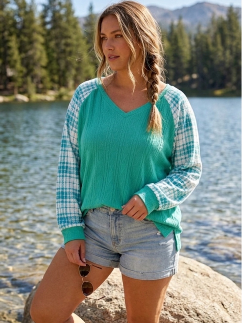 Amazon Green Teal Knit Plaid Long Sleeve Top Size 2X